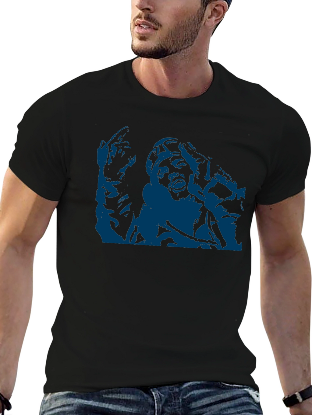 Unique Graphic Tee - Bold Blue Print on Black