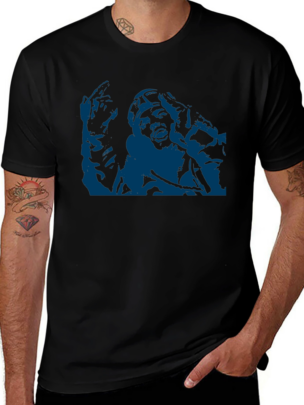 Unique Graphic Tee - Bold Blue Print on Black