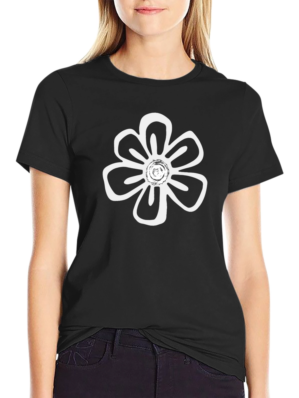 Black T-Shirt with White Flower Print