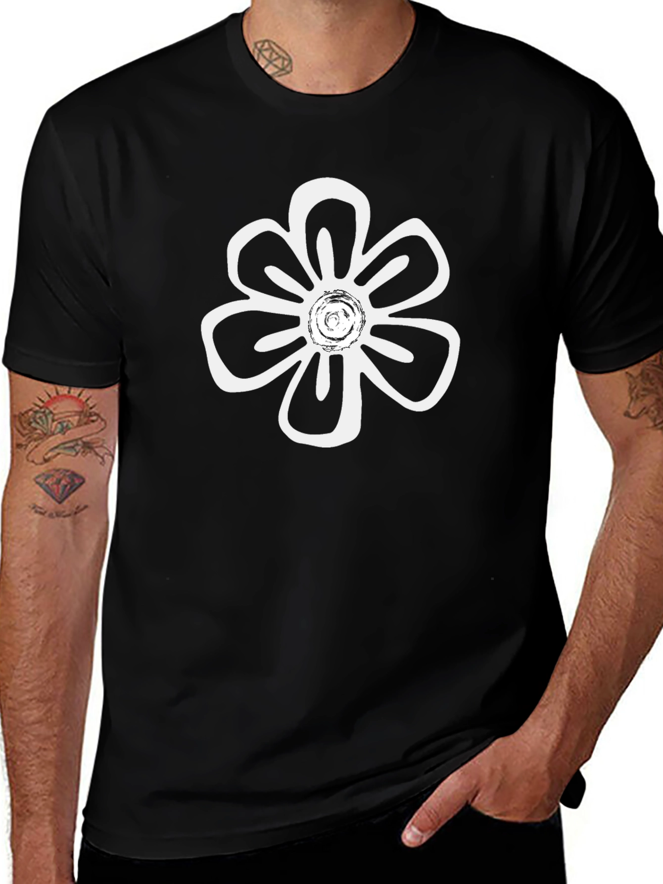 Black T-Shirt with White Flower Print