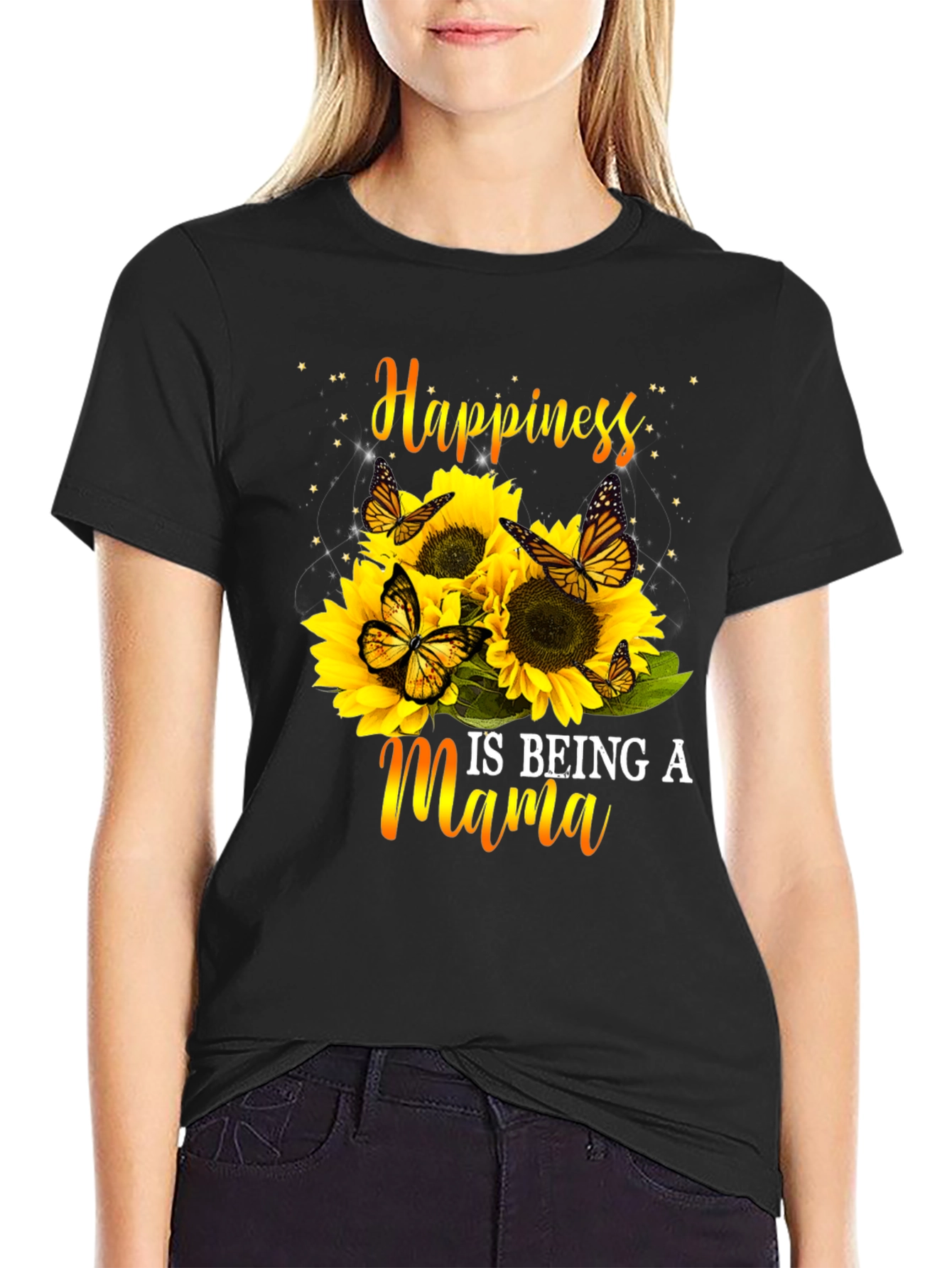 Happiness Is Being A Mama Sunflower Butterfly Graphic Tee