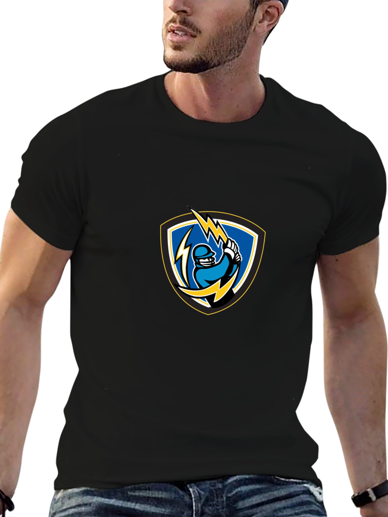 Black T-Shirt with Lightning Baseball Design