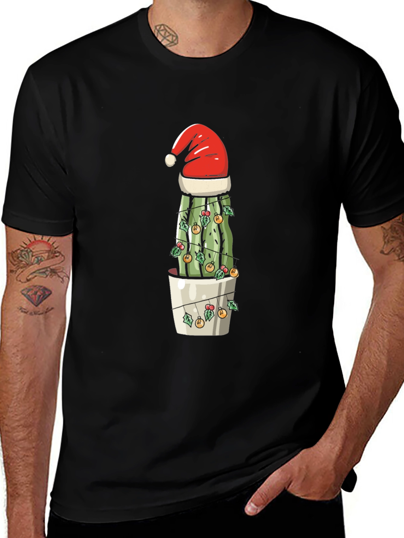 Festive Cactus Tee - Santa Hat & Holiday Lights Design