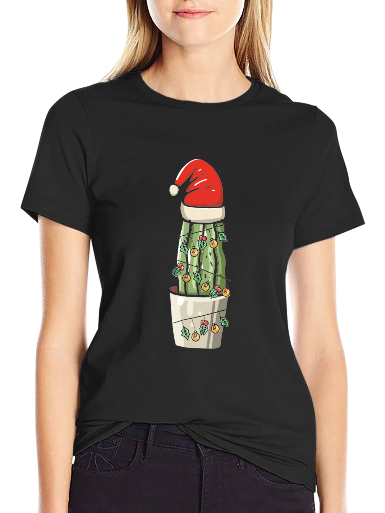 Festive Cactus Tee - Santa Hat & Holiday Lights Design