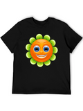 Smiling Flower Graphic Tee - Black Cotton Blend