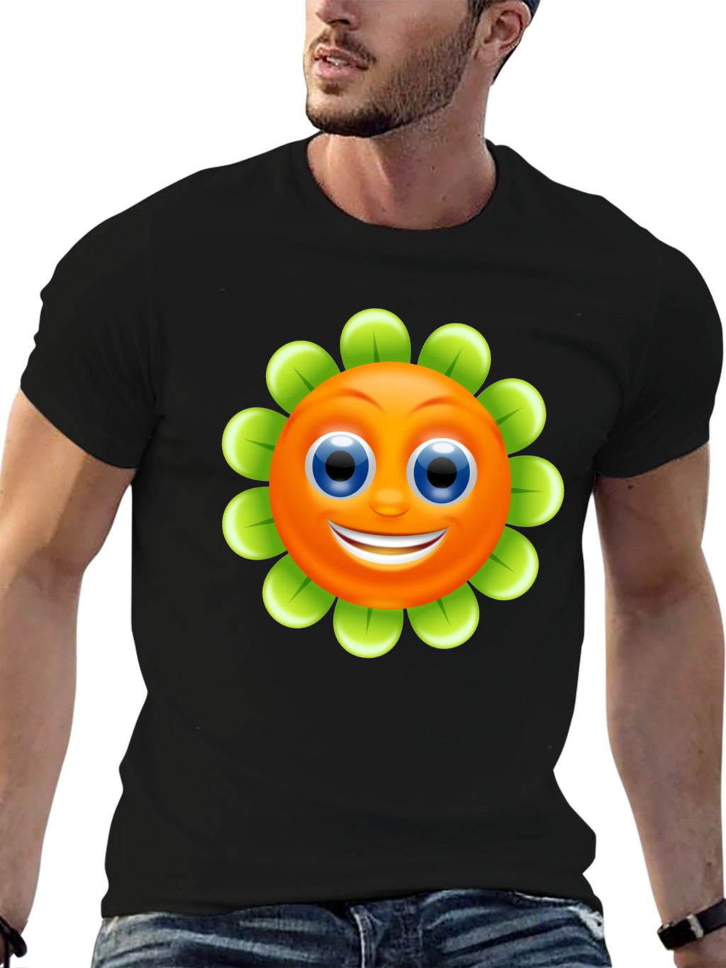 Smiling Flower Graphic Tee - Black Cotton Blend