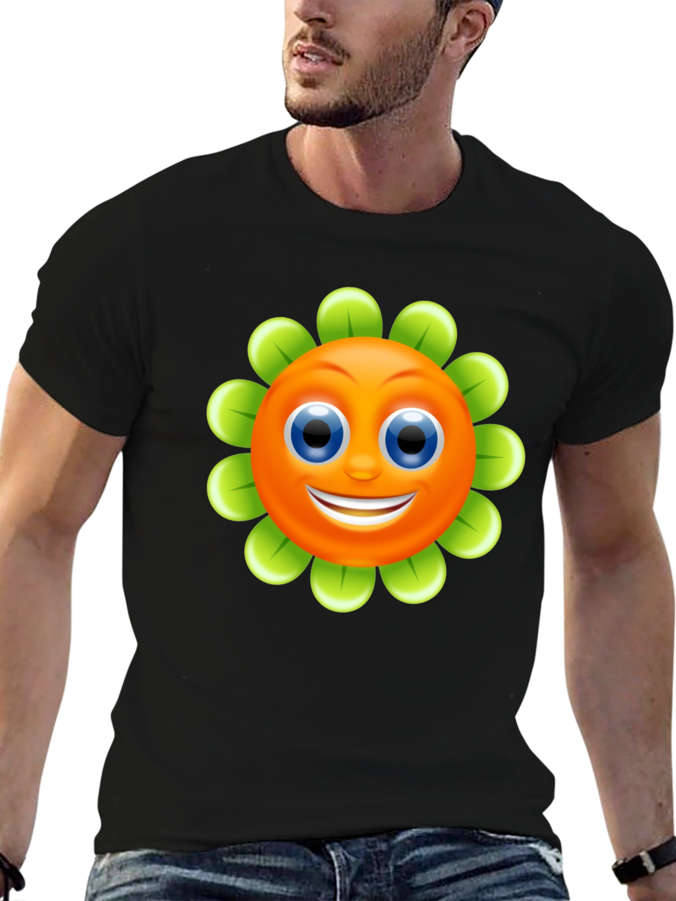 Smiling Flower Graphic Tee - Black Cotton Blend