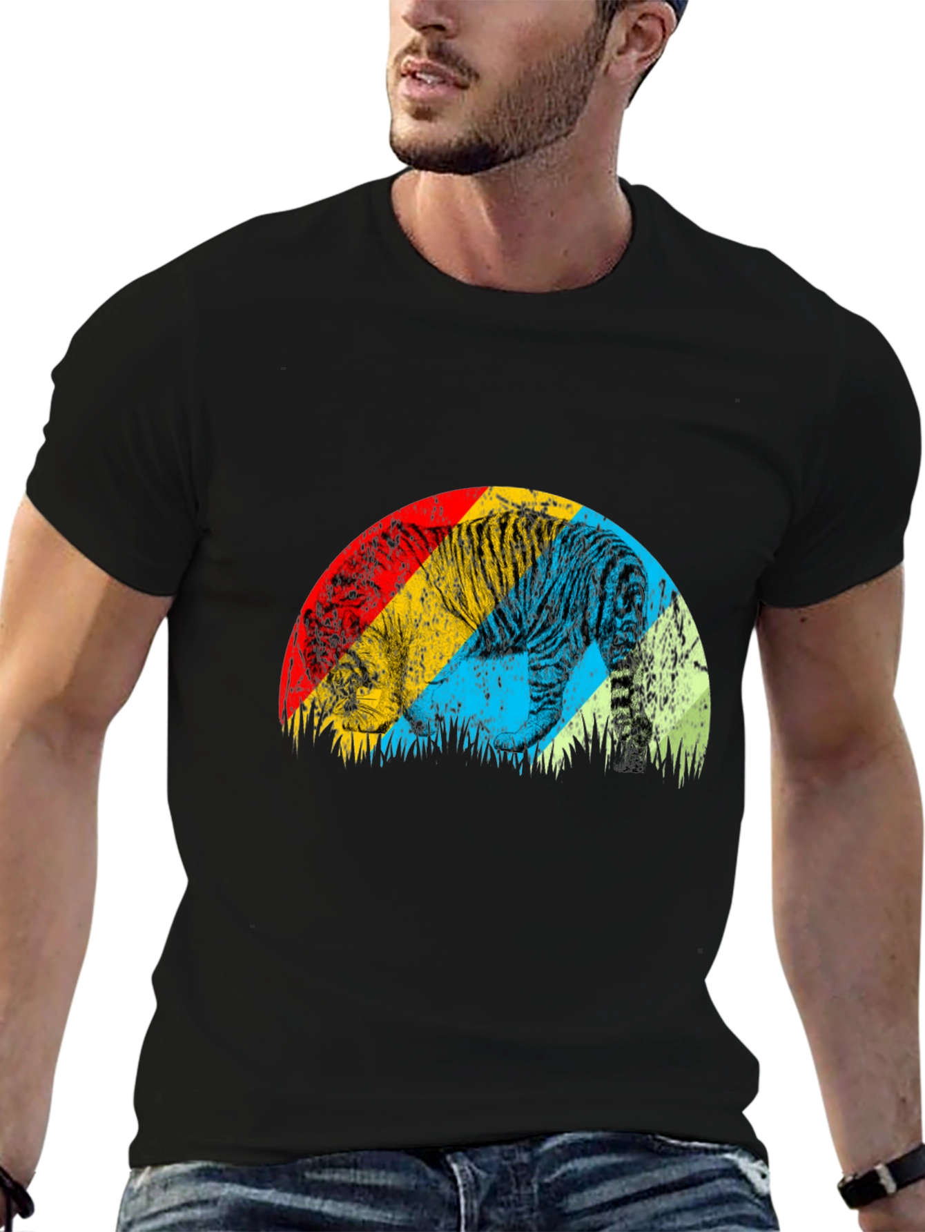 Retro Tiger Graphic Tee - Stylish Mens Black T-Shirt