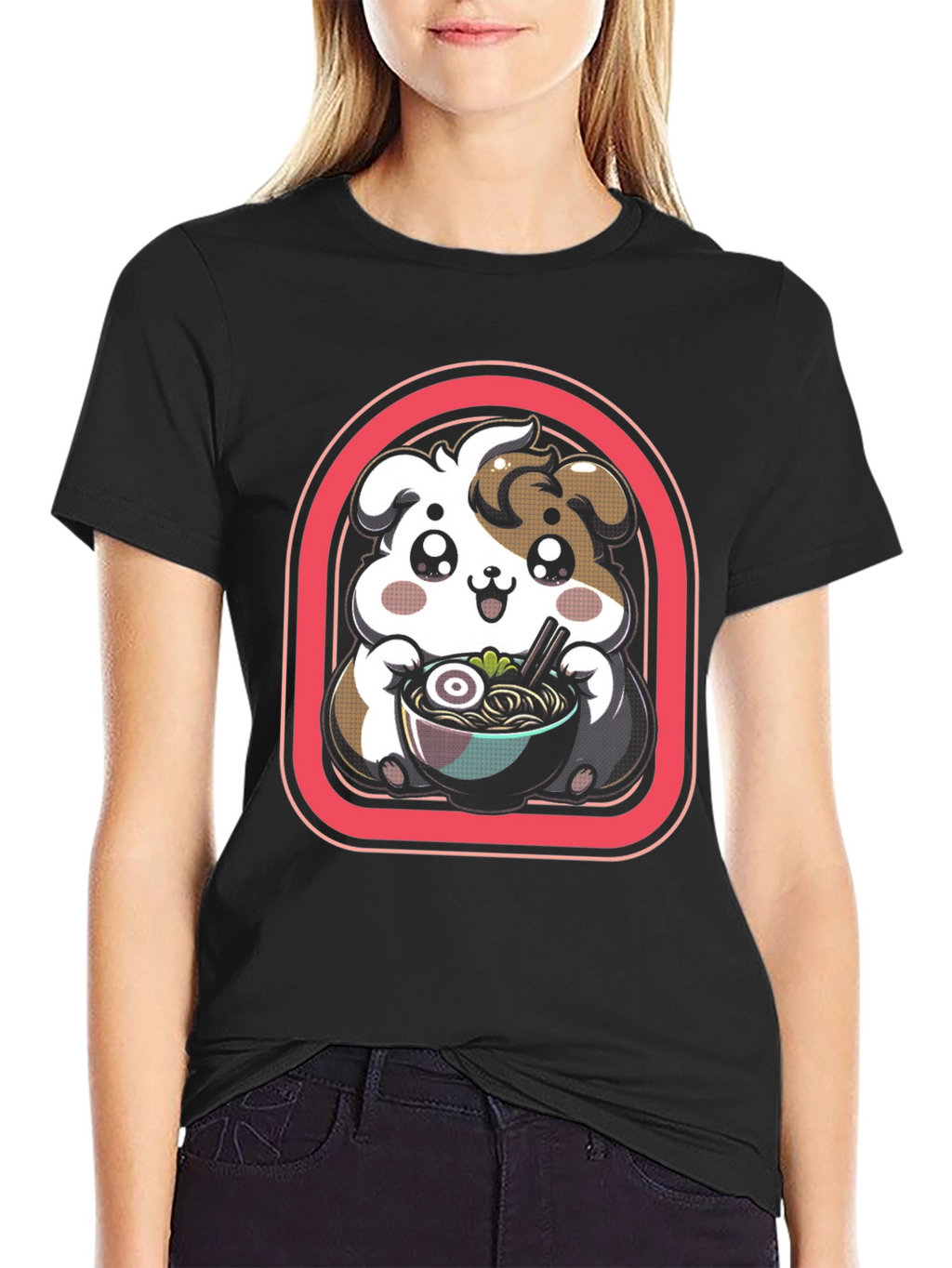Kawaii Dog Ramen Black T-Shirt
