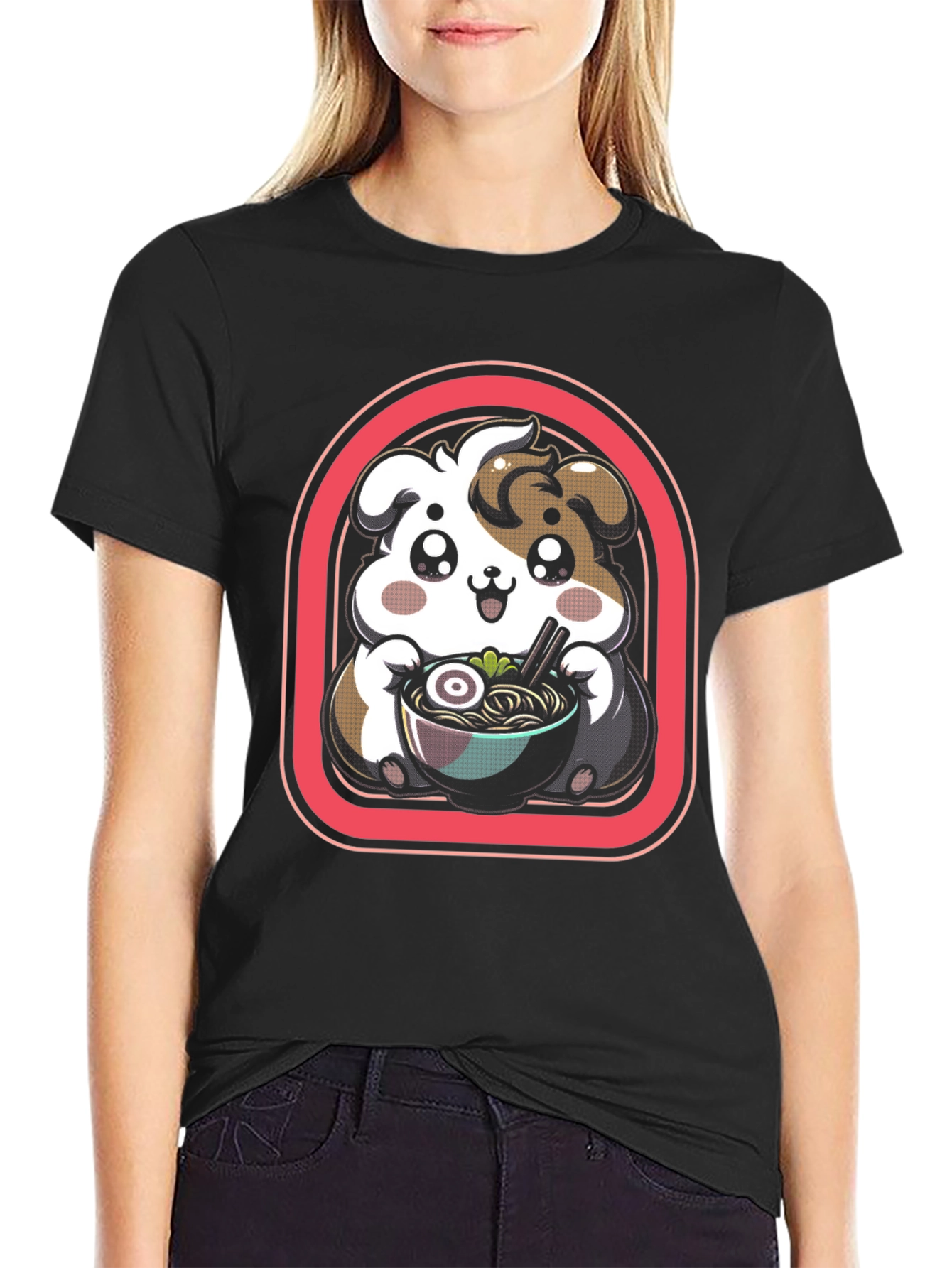 Kawaii Dog Ramen Black T-Shirt