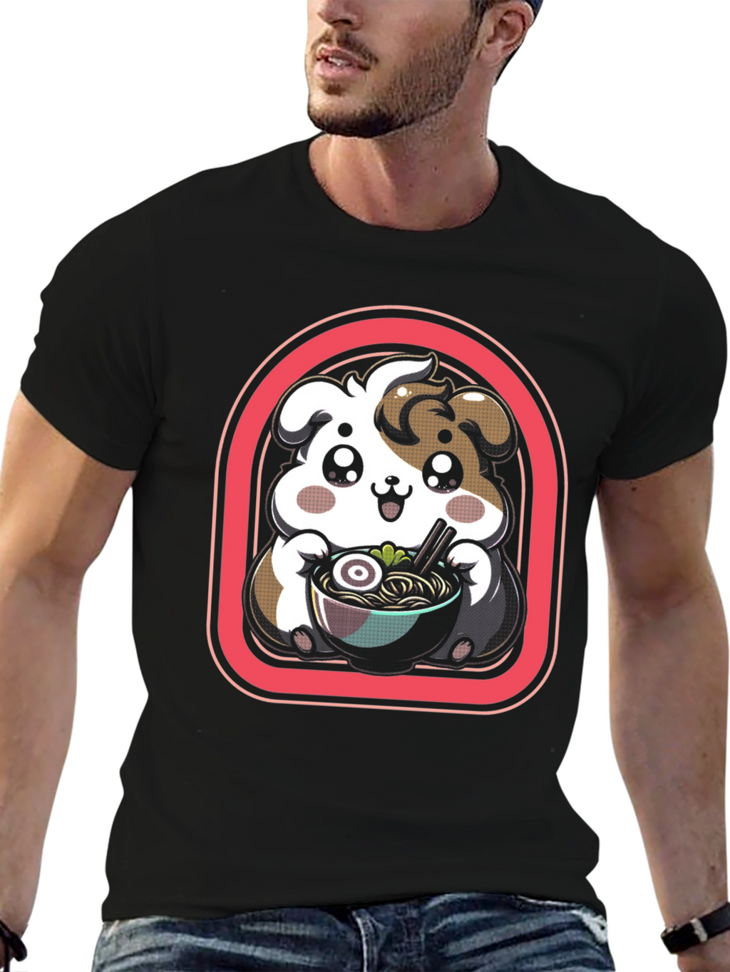 Kawaii Dog Ramen Black T-Shirt