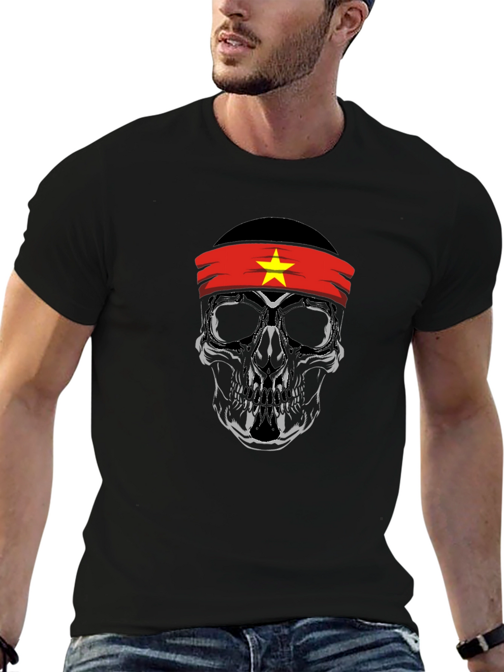 Skull Vietnam Flag Headband Graphic Tee