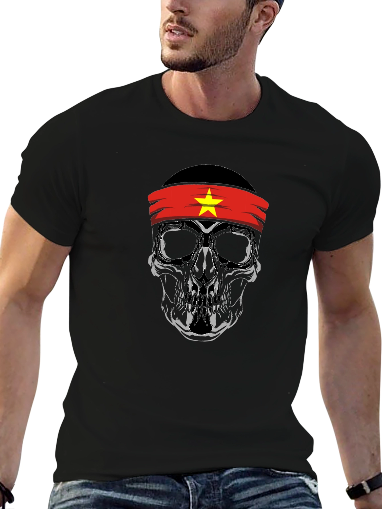 Skull Vietnam Flag Headband Graphic Tee