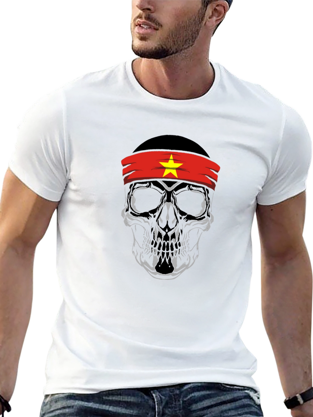 Skull Vietnam Flag Headband Graphic Tee