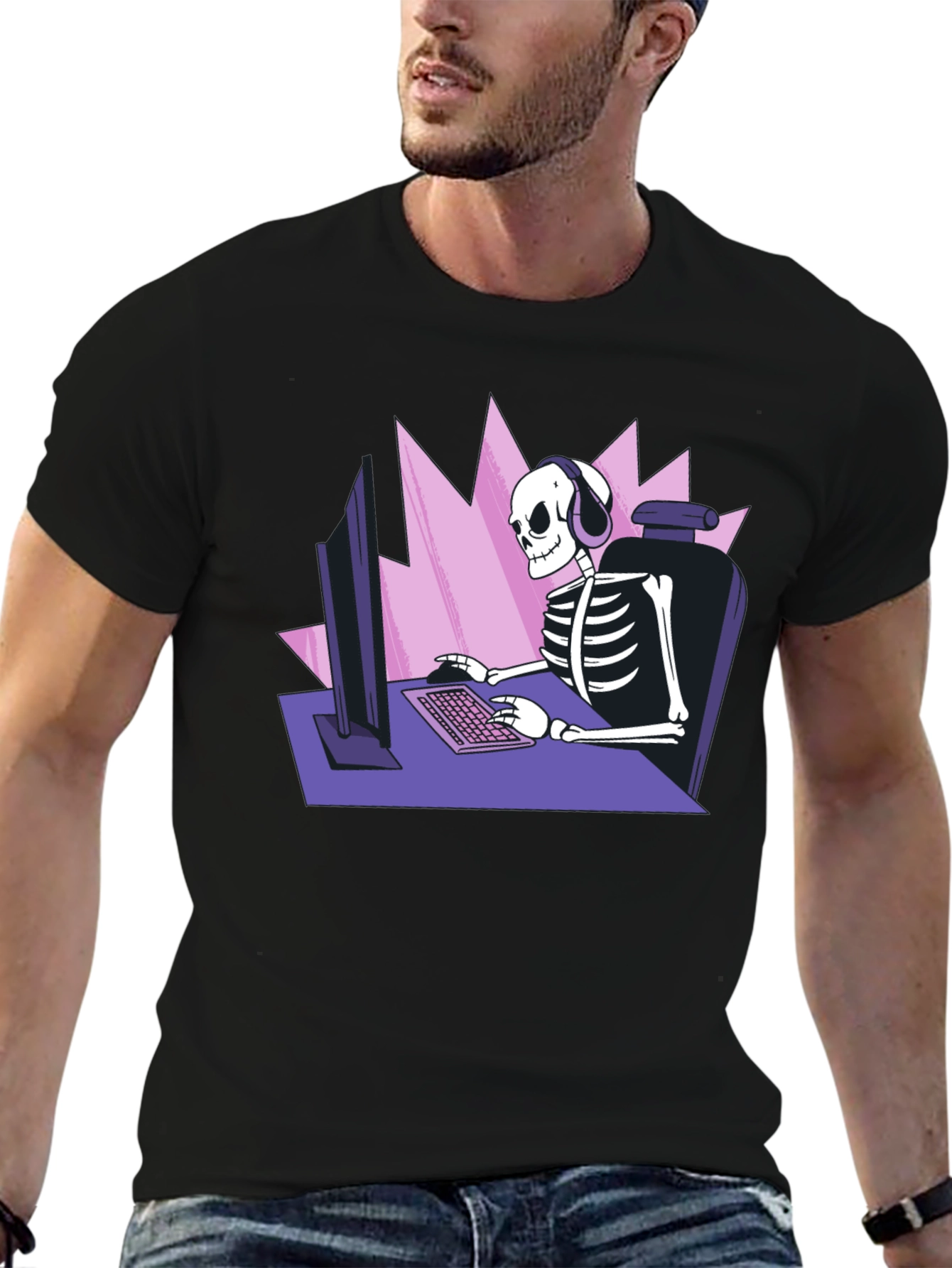 Gamer Skeleton Graphic Tee - Black