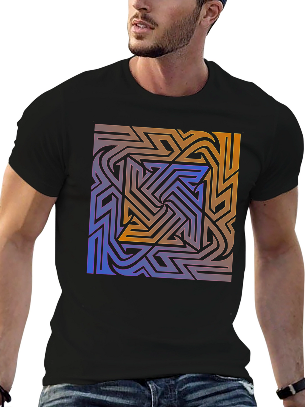 Abstract Maze Graphic Tee - Stylish Black T-Shirt