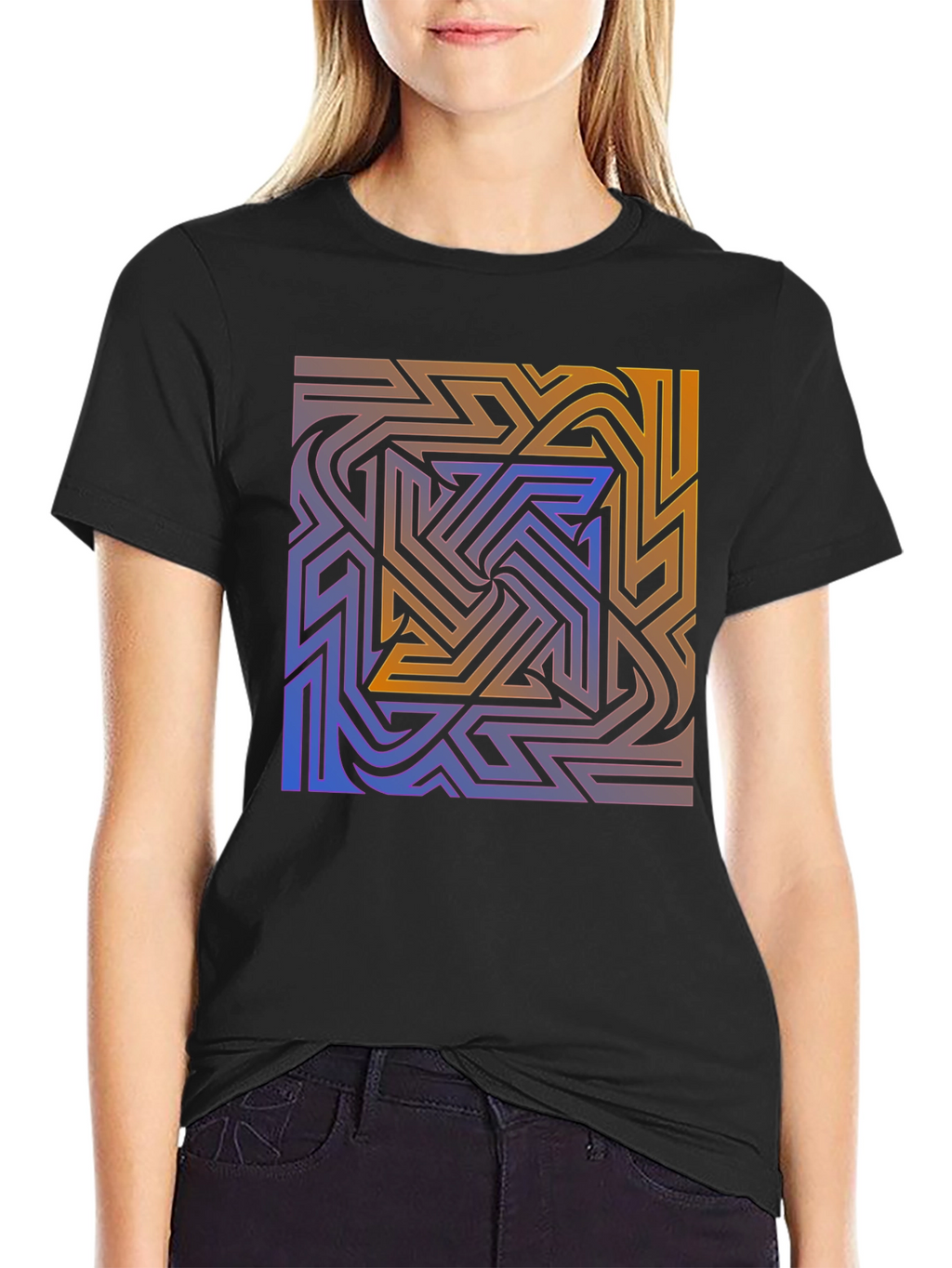 Abstract Maze Graphic Tee - Stylish Black T-Shirt