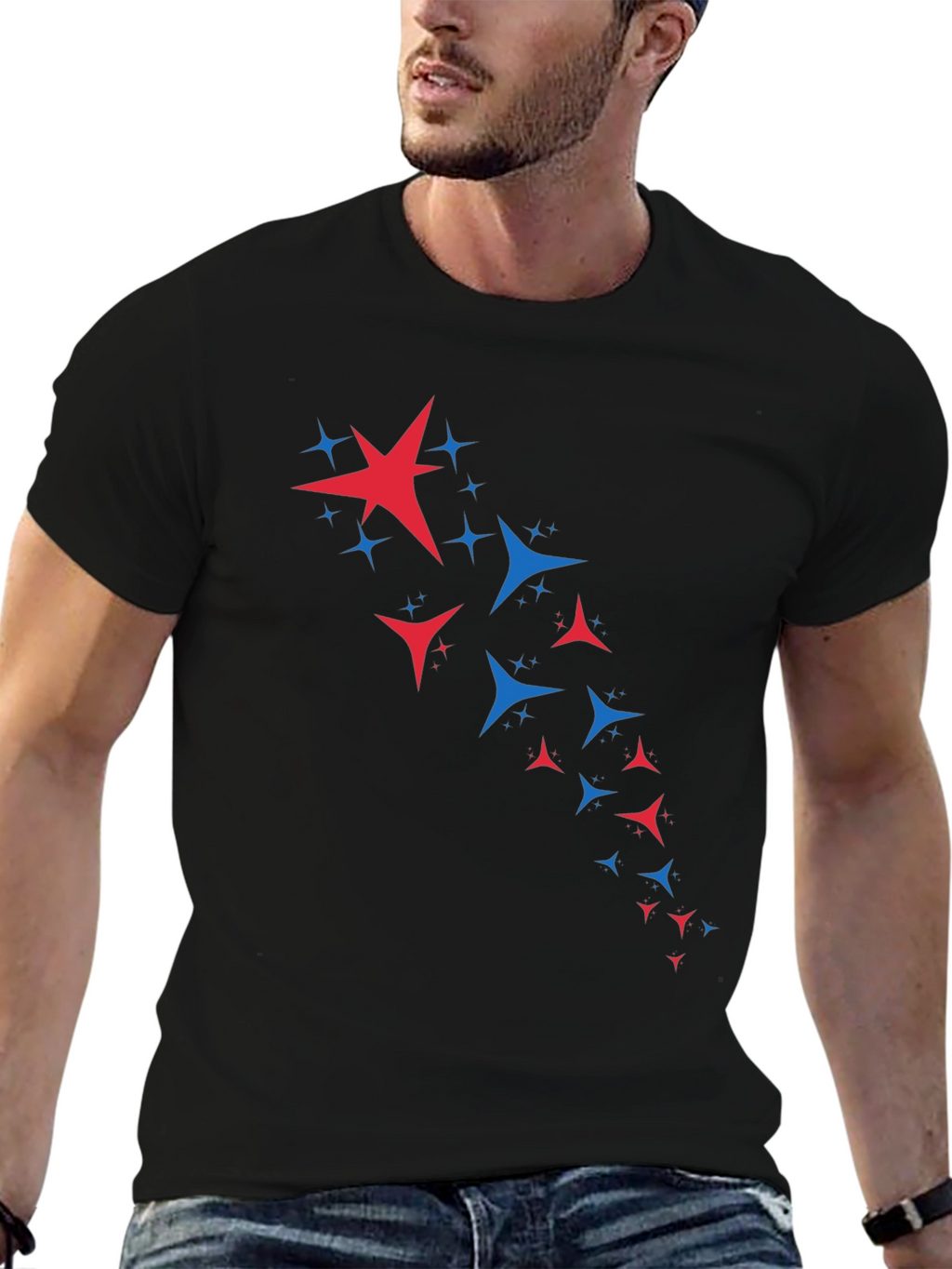 Stylish Black Tee with Patriotic Star Burst Design