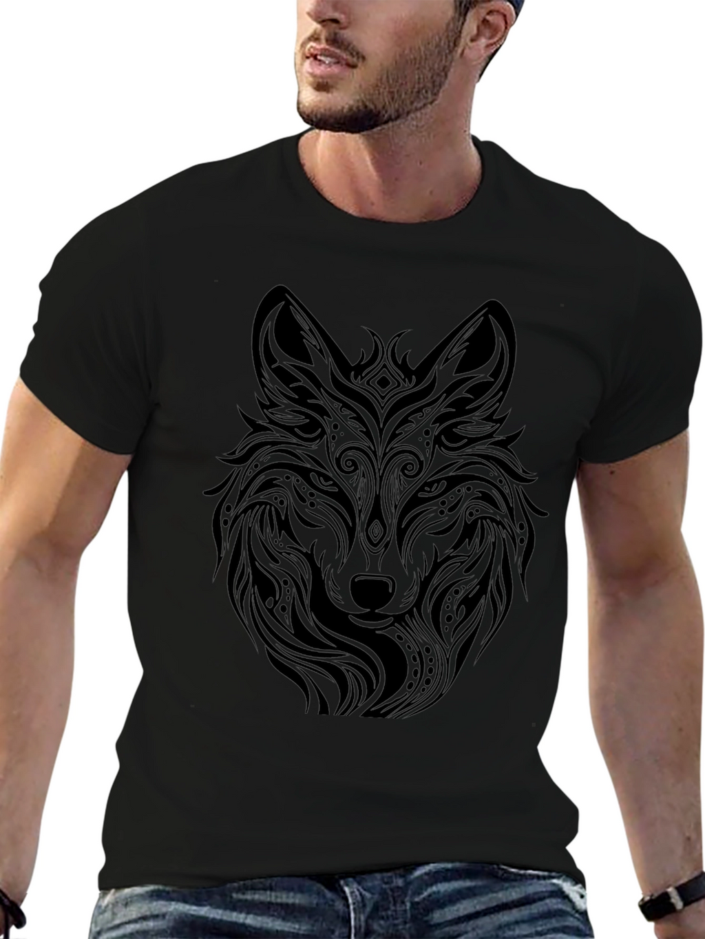 Tribal Wolf Graphic Black T-Shirt