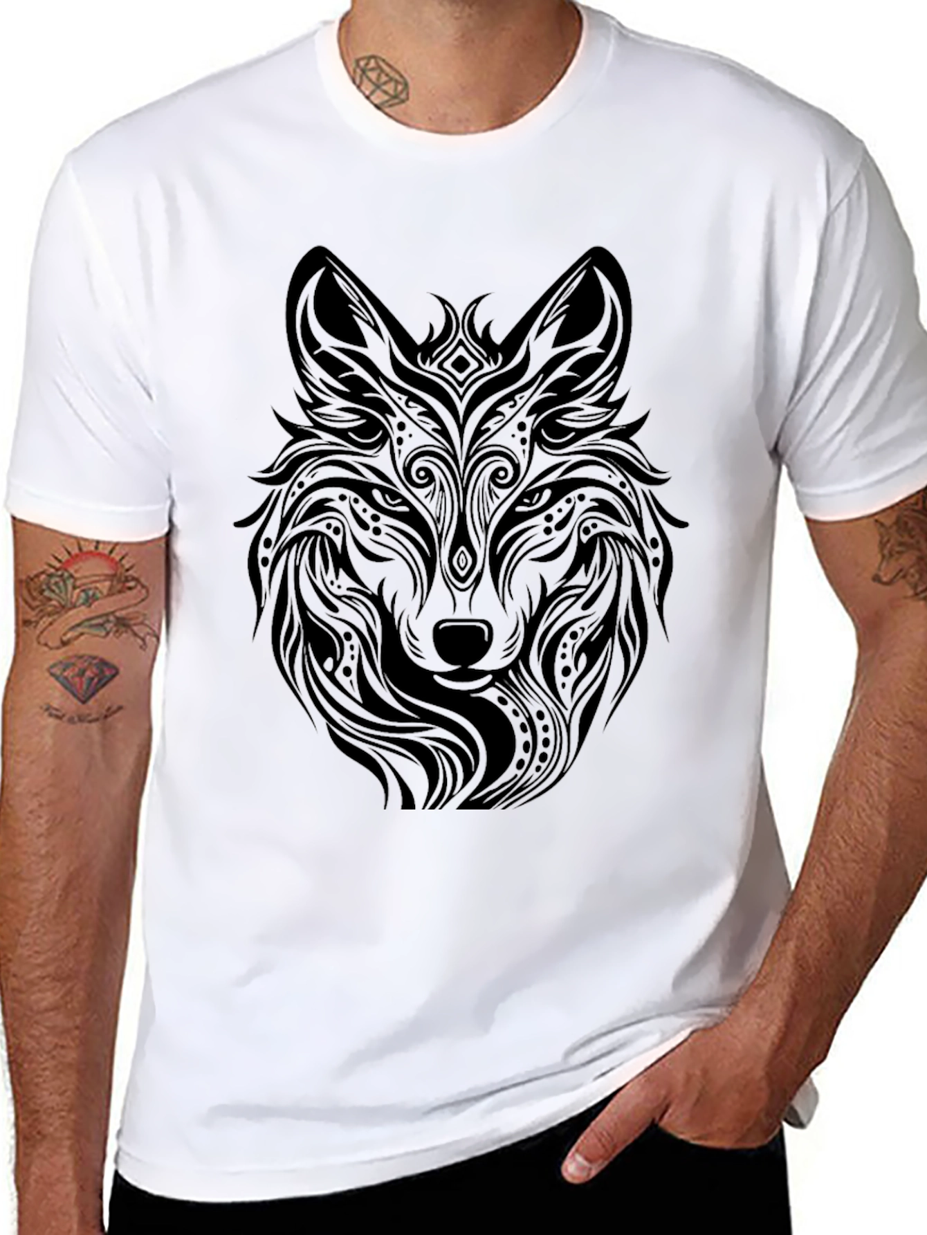 Tribal Wolf Graphic Black T-Shirt