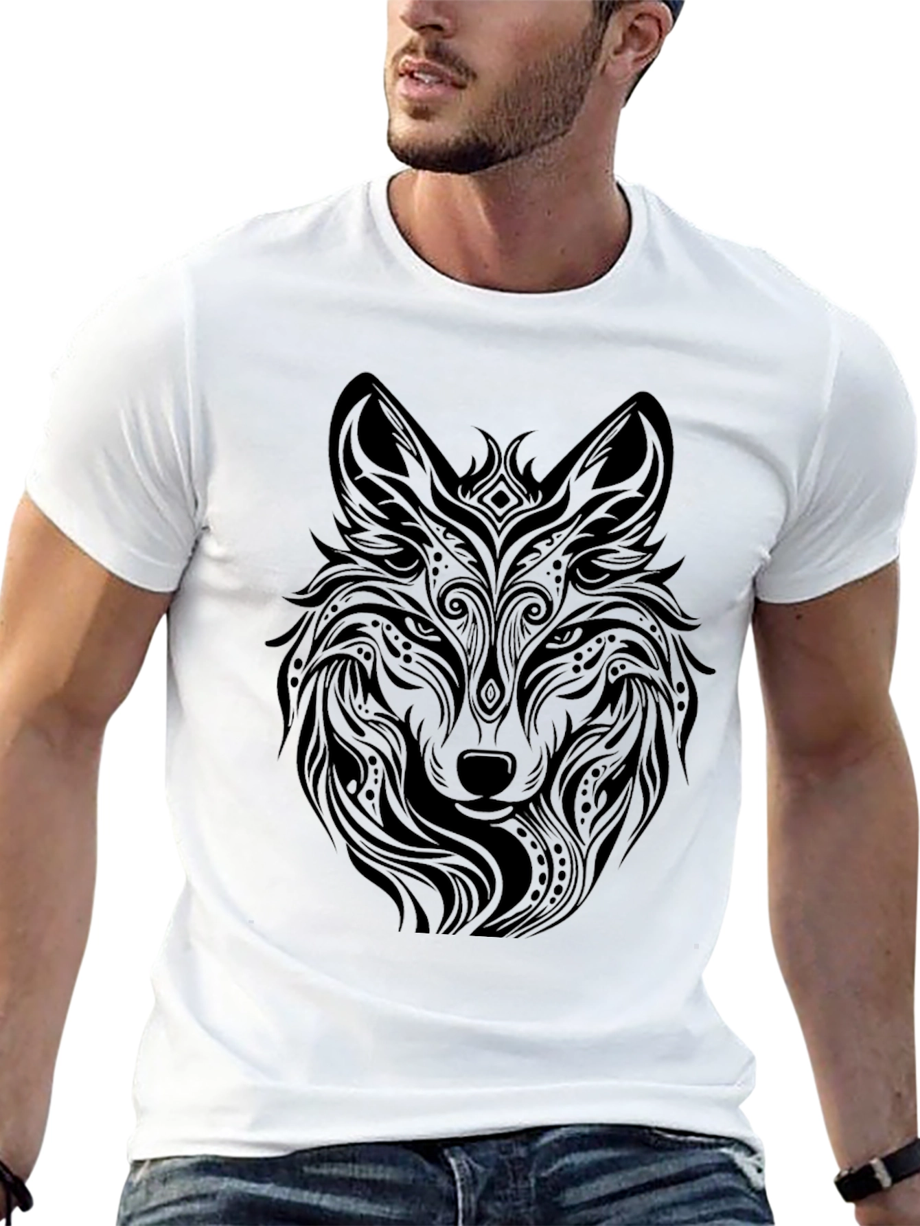 Tribal Wolf Graphic Black T-Shirt