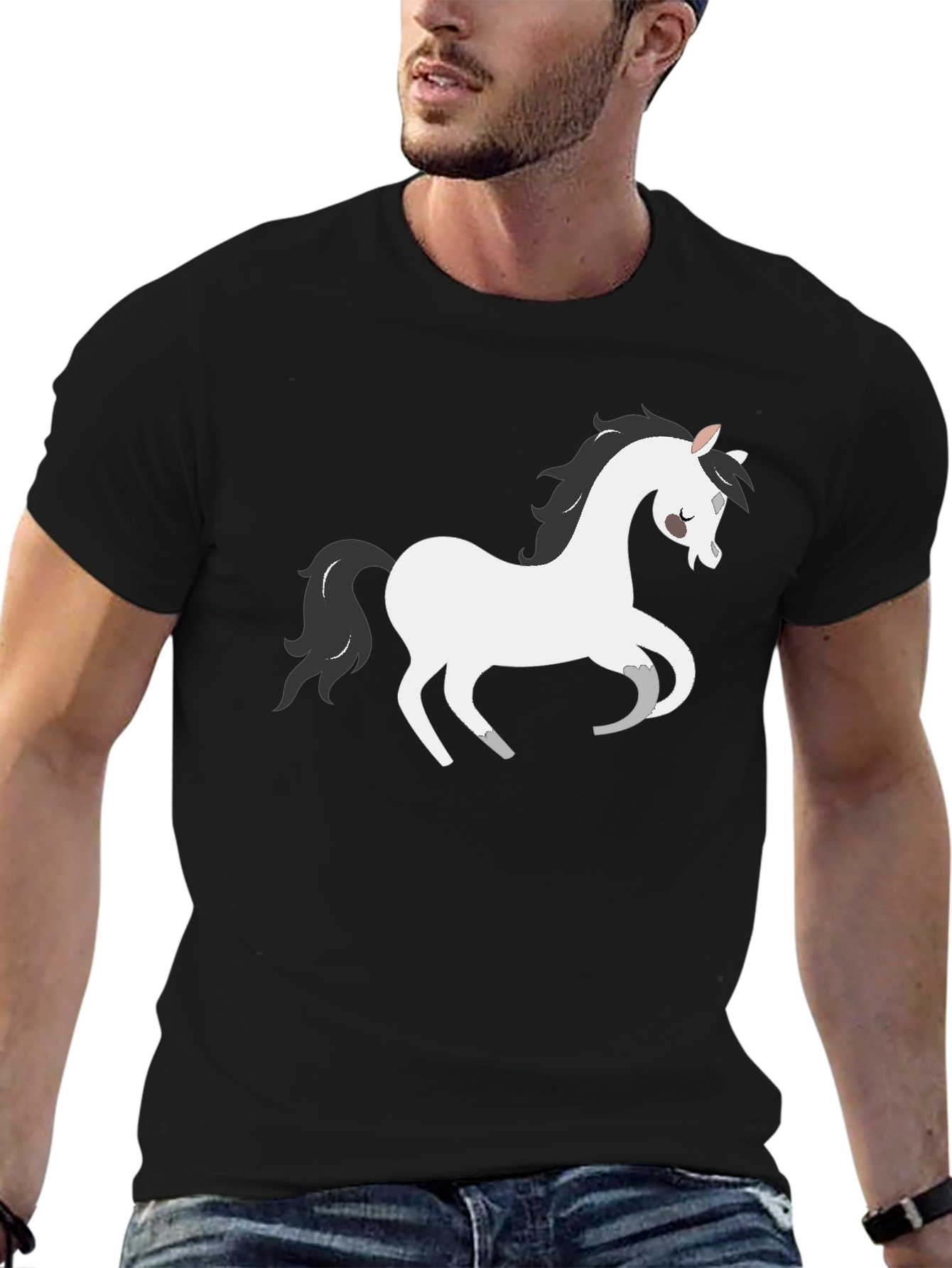 Black T-Shirt with White Cartoon Horse