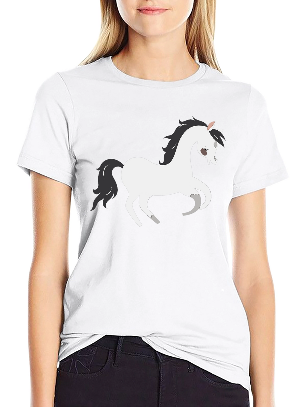 Black T-Shirt with White Cartoon Horse