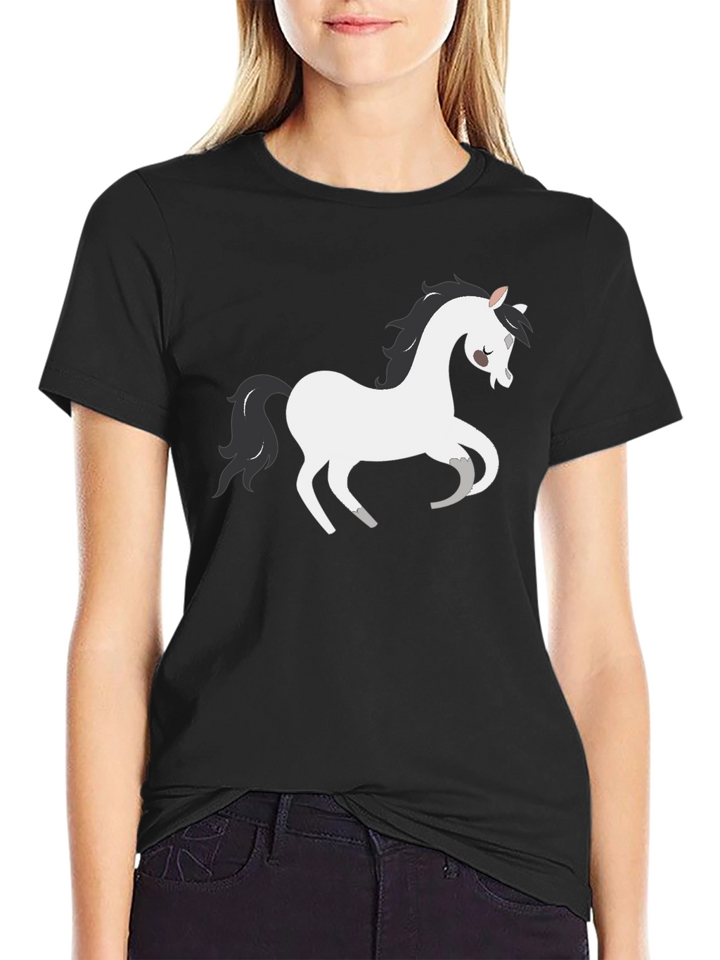 Black T-Shirt with White Cartoon Horse