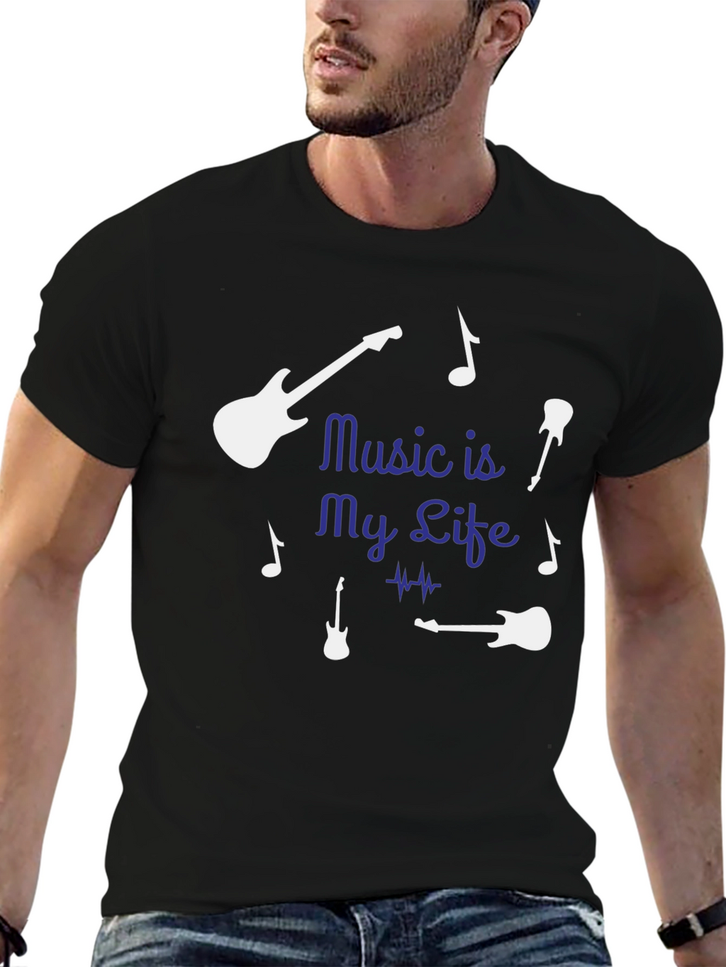 Music is My Life Guitar Graphic Tee - Black