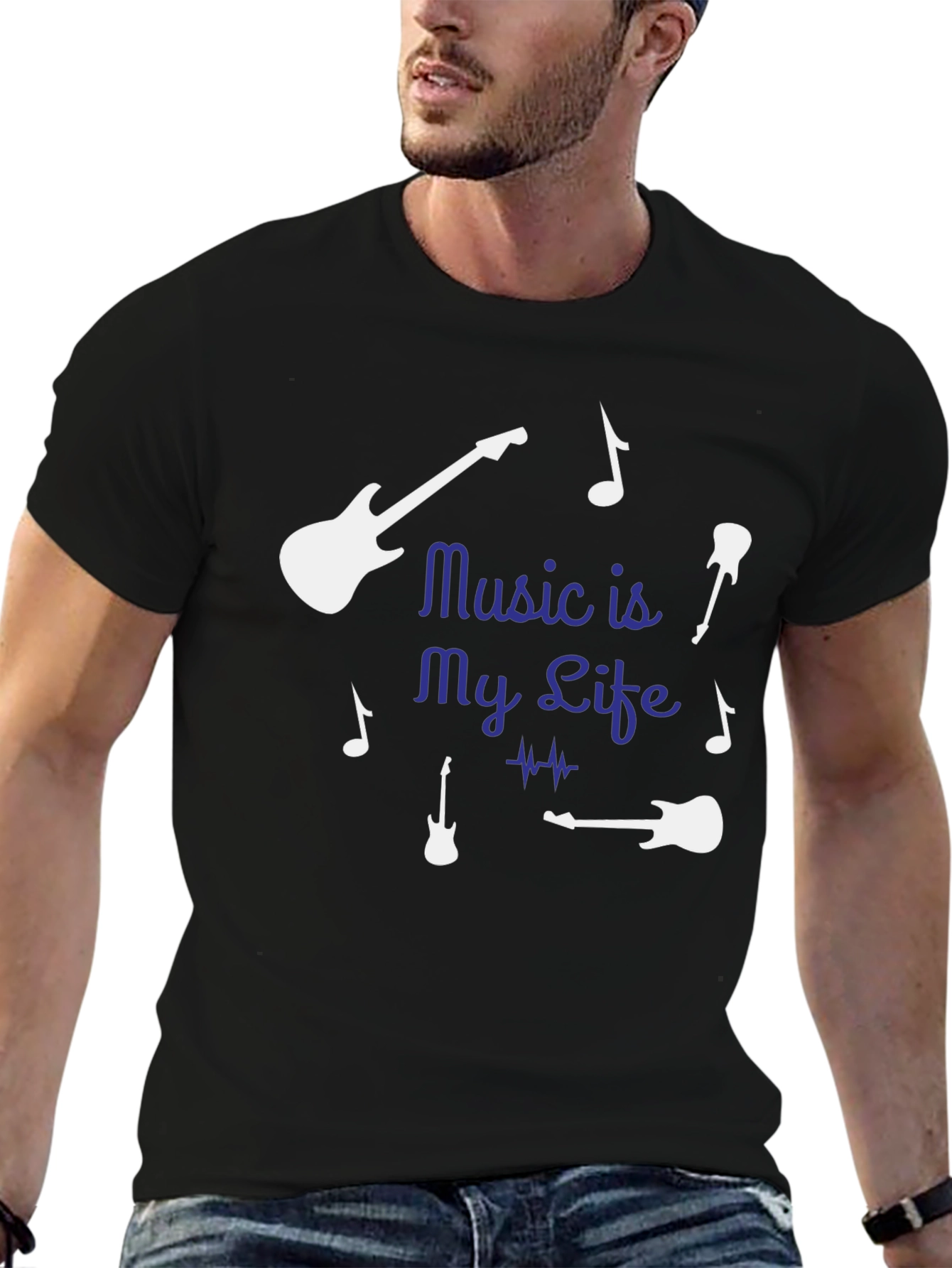 Music is My Life Guitar Graphic Tee - Black