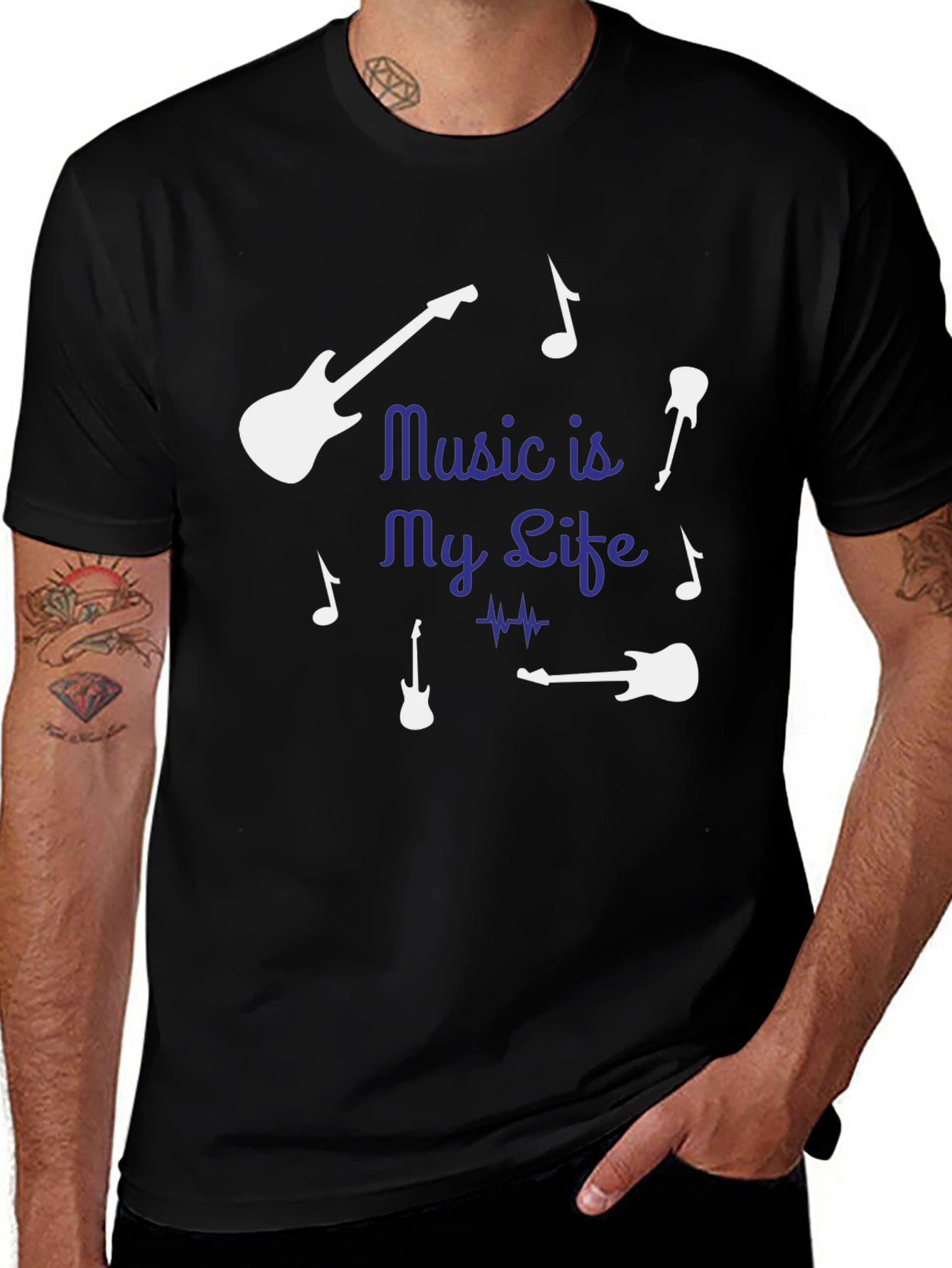 Music is My Life Guitar Graphic Tee - Black