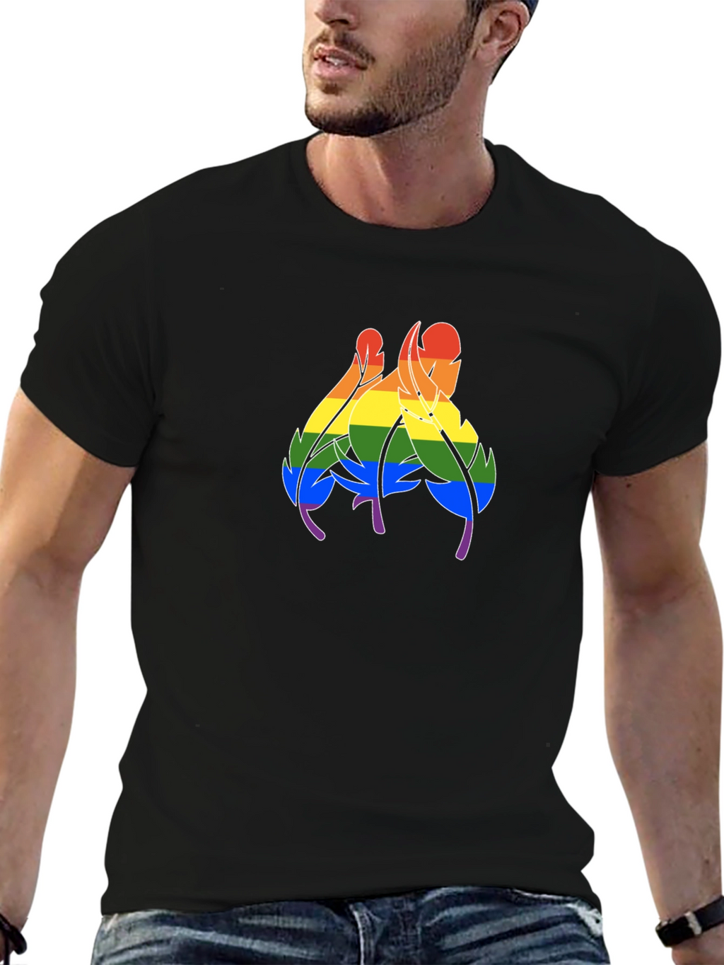 Rainbow Feather Graphic Black T-Shirt