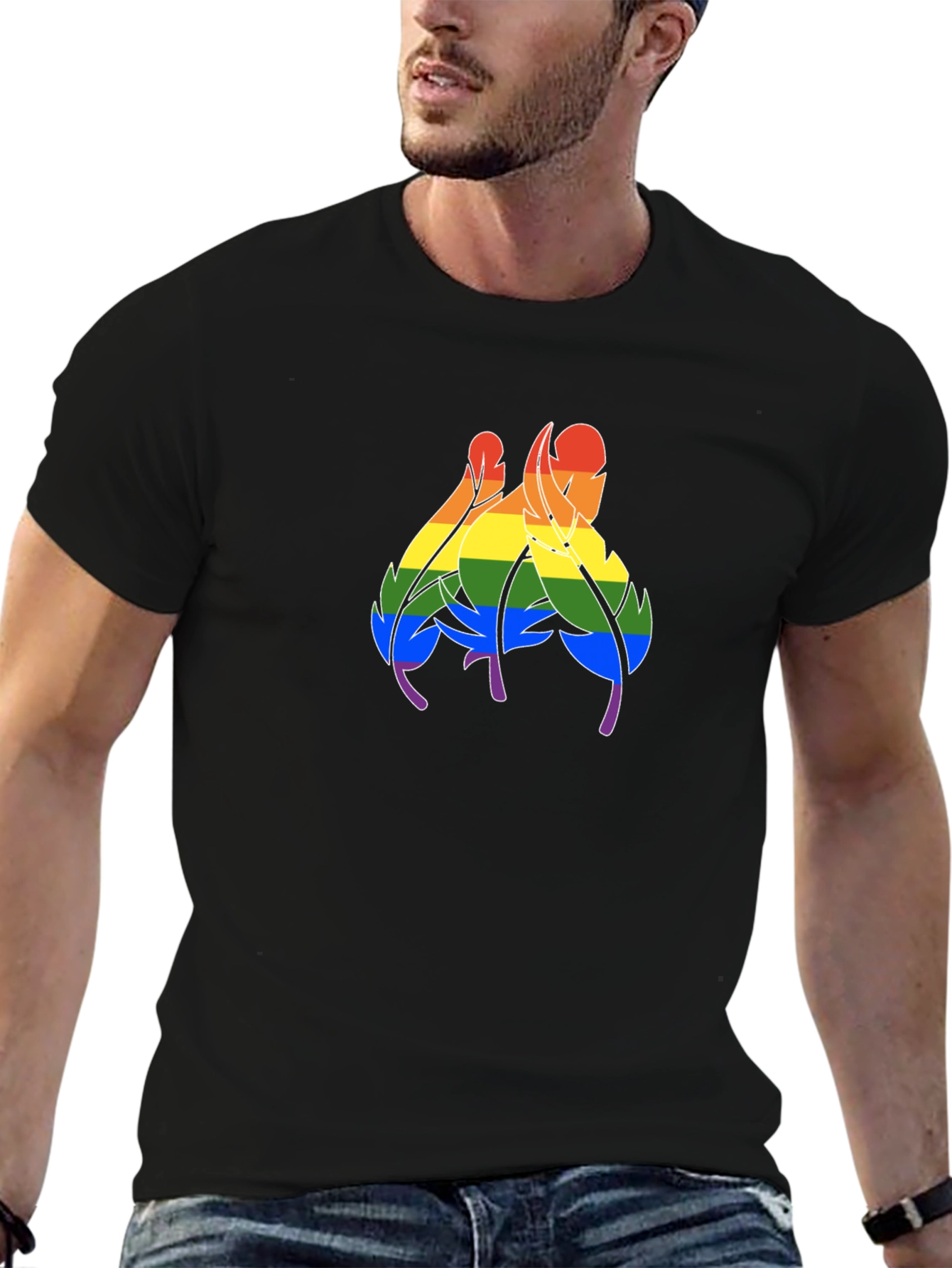 Rainbow Feather Graphic Black T-Shirt