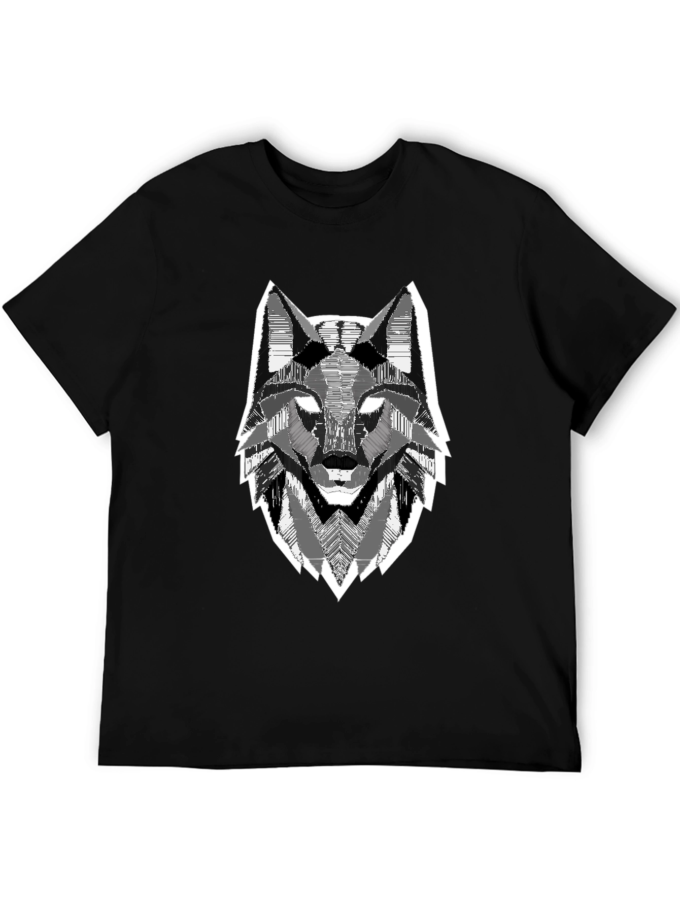Geometric Wolf Head Graphic Print Black T-Shirt