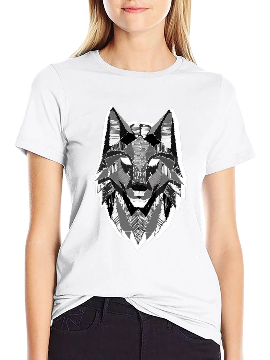 Geometric Wolf Head Graphic Print Black T-Shirt