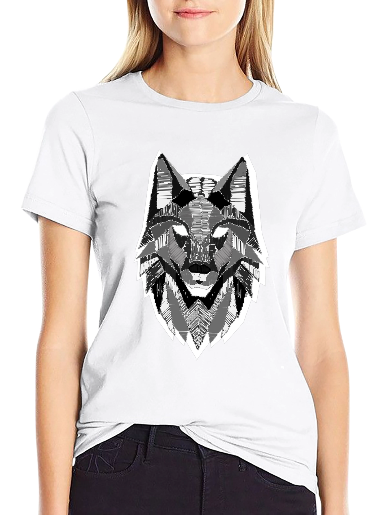 Geometric Wolf Head Graphic Print Black T-Shirt