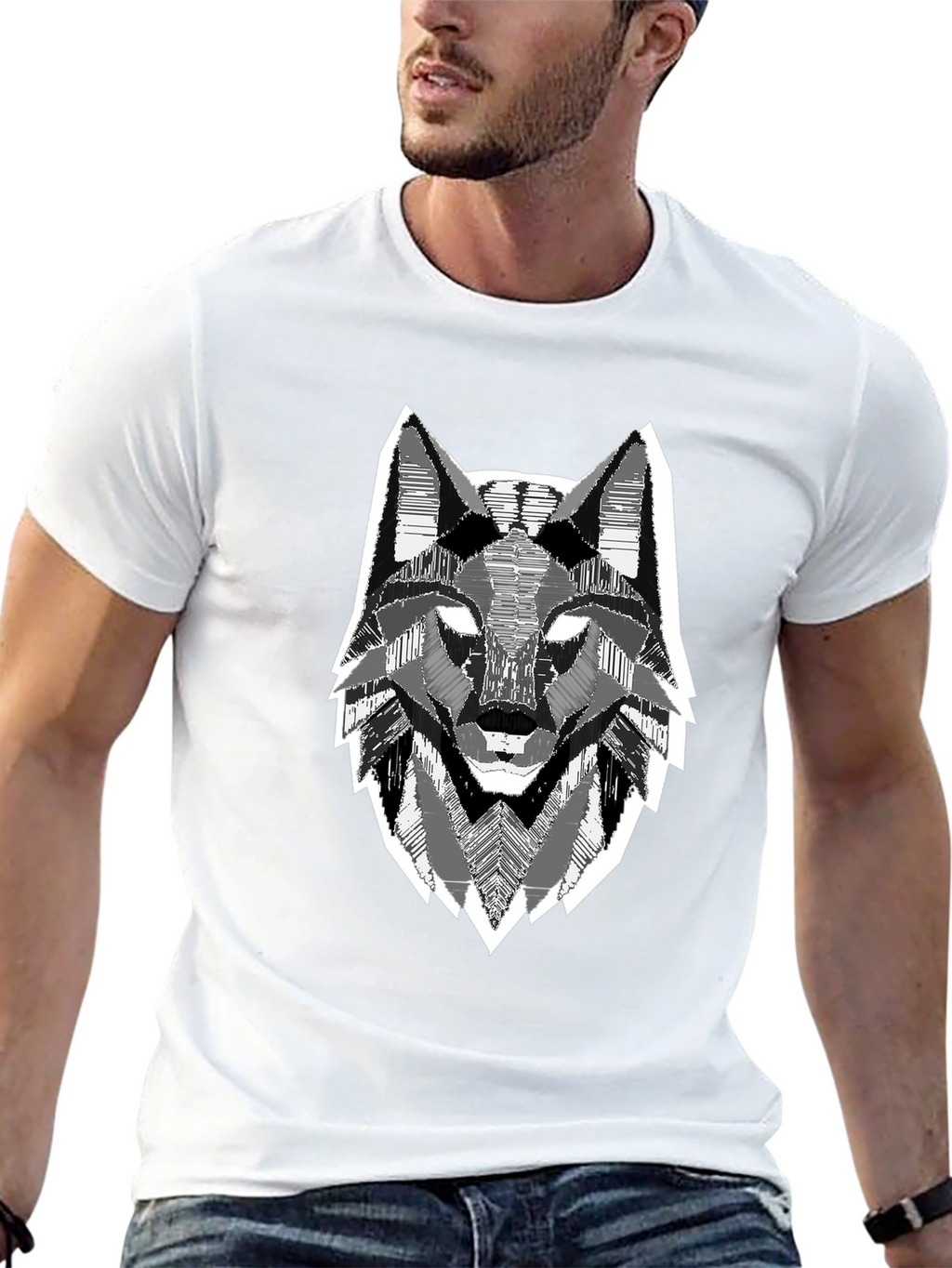 Geometric Wolf Head Graphic Print Black T-Shirt