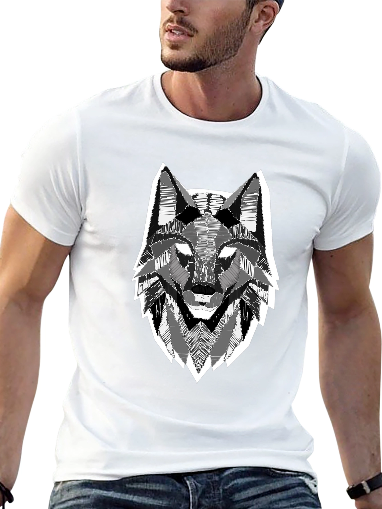 Geometric Wolf Head Graphic Print Black T-Shirt