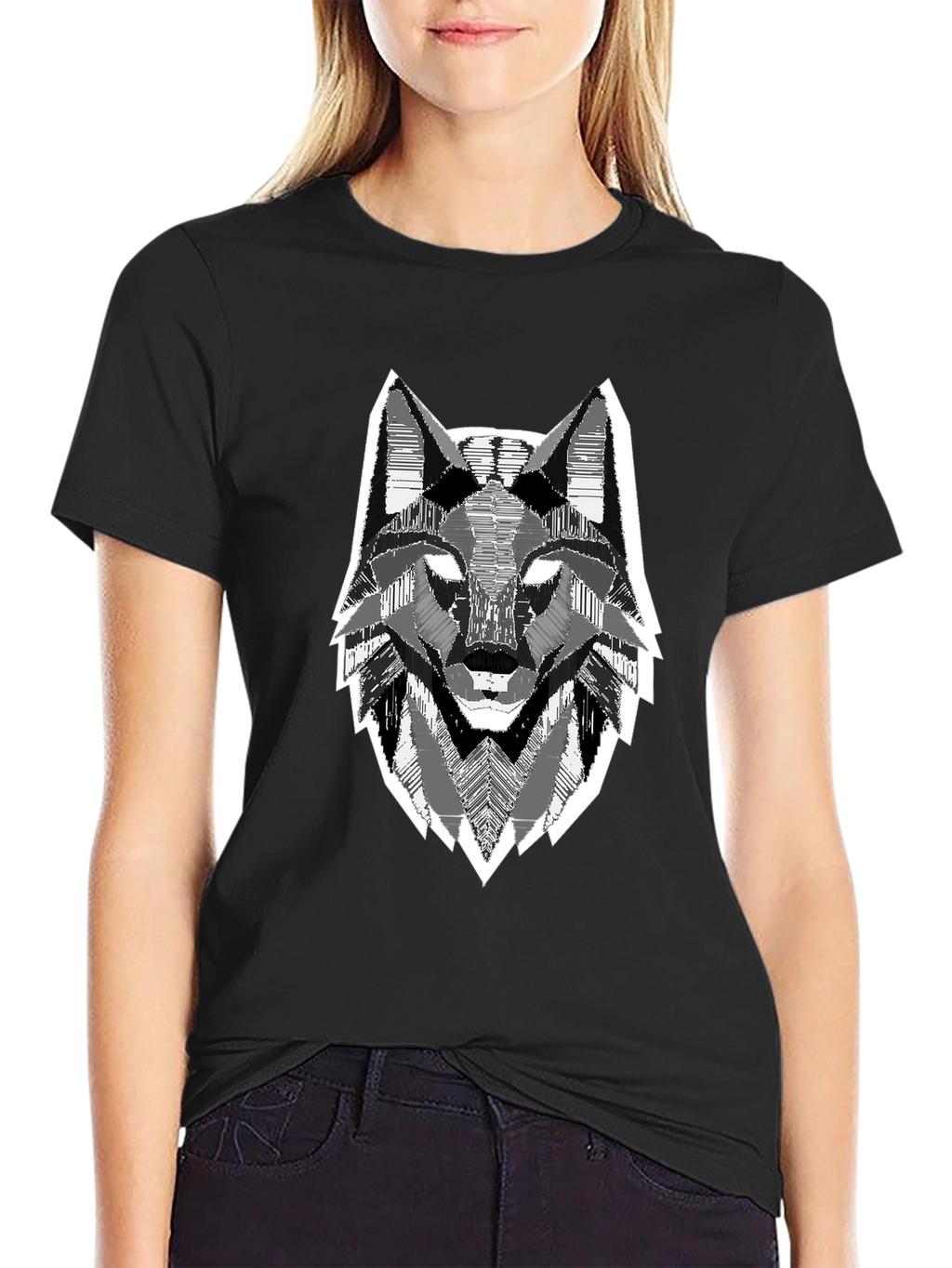 Geometric Wolf Head Graphic Print Black T-Shirt