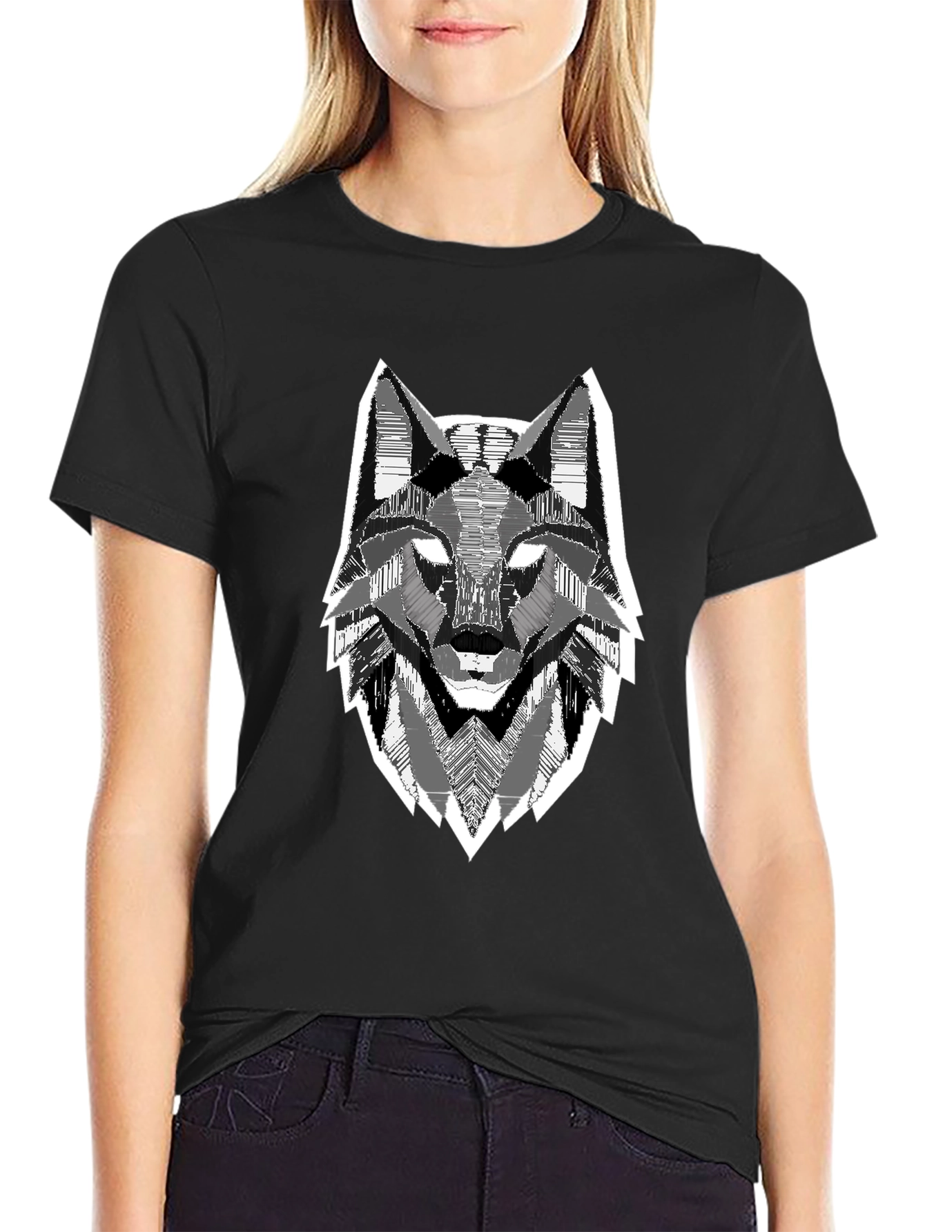 Geometric Wolf Head Graphic Print Black T-Shirt