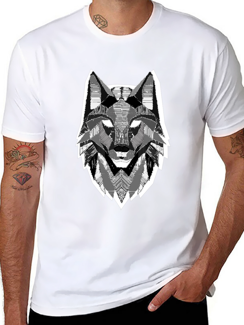 Geometric Wolf Head Graphic Print Black T-Shirt