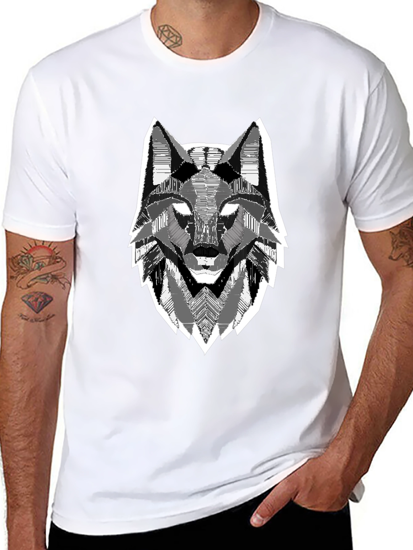 Geometric Wolf Head Graphic Print Black T-Shirt