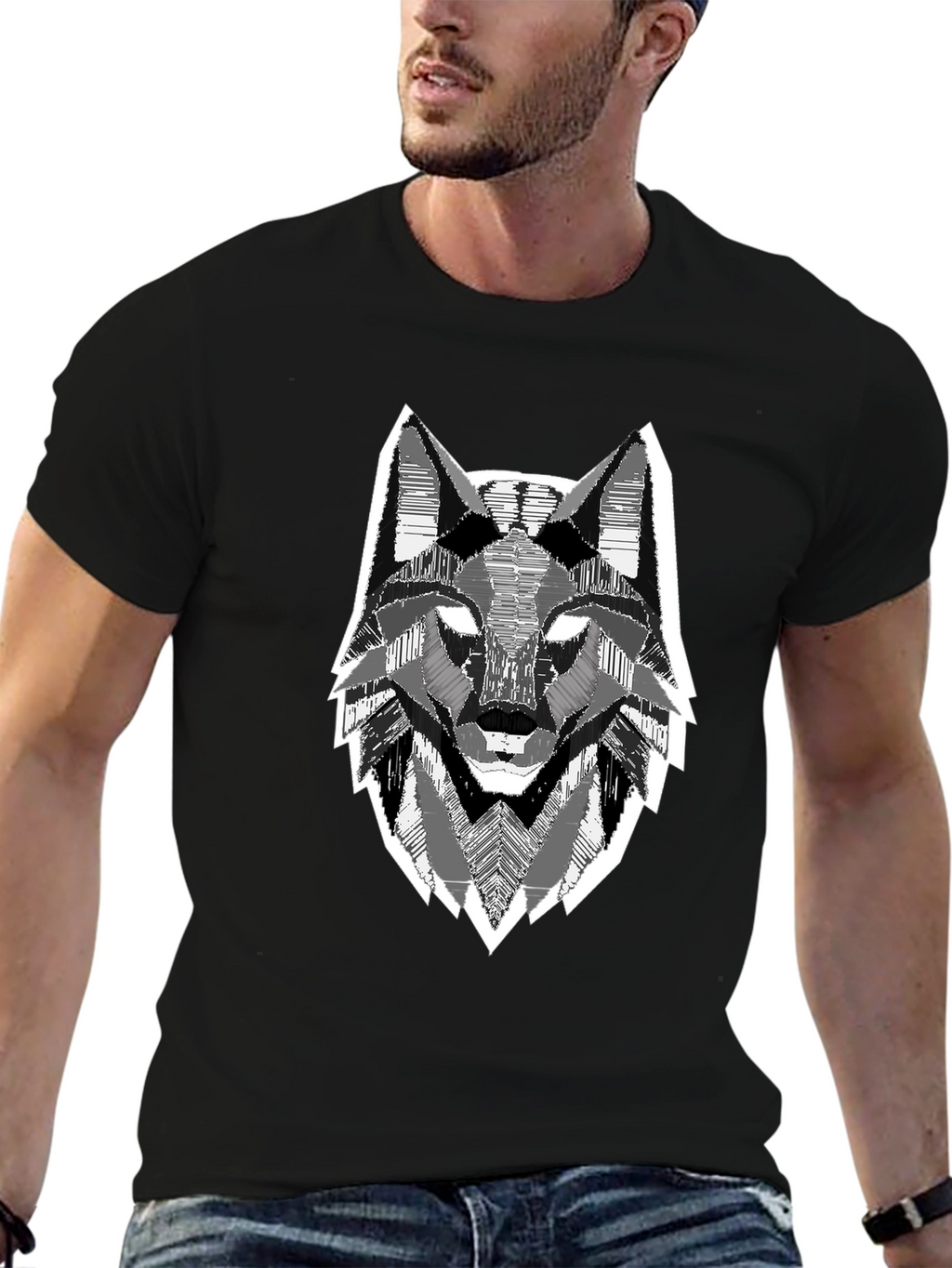 Geometric Wolf Head Graphic Print Black T-Shirt
