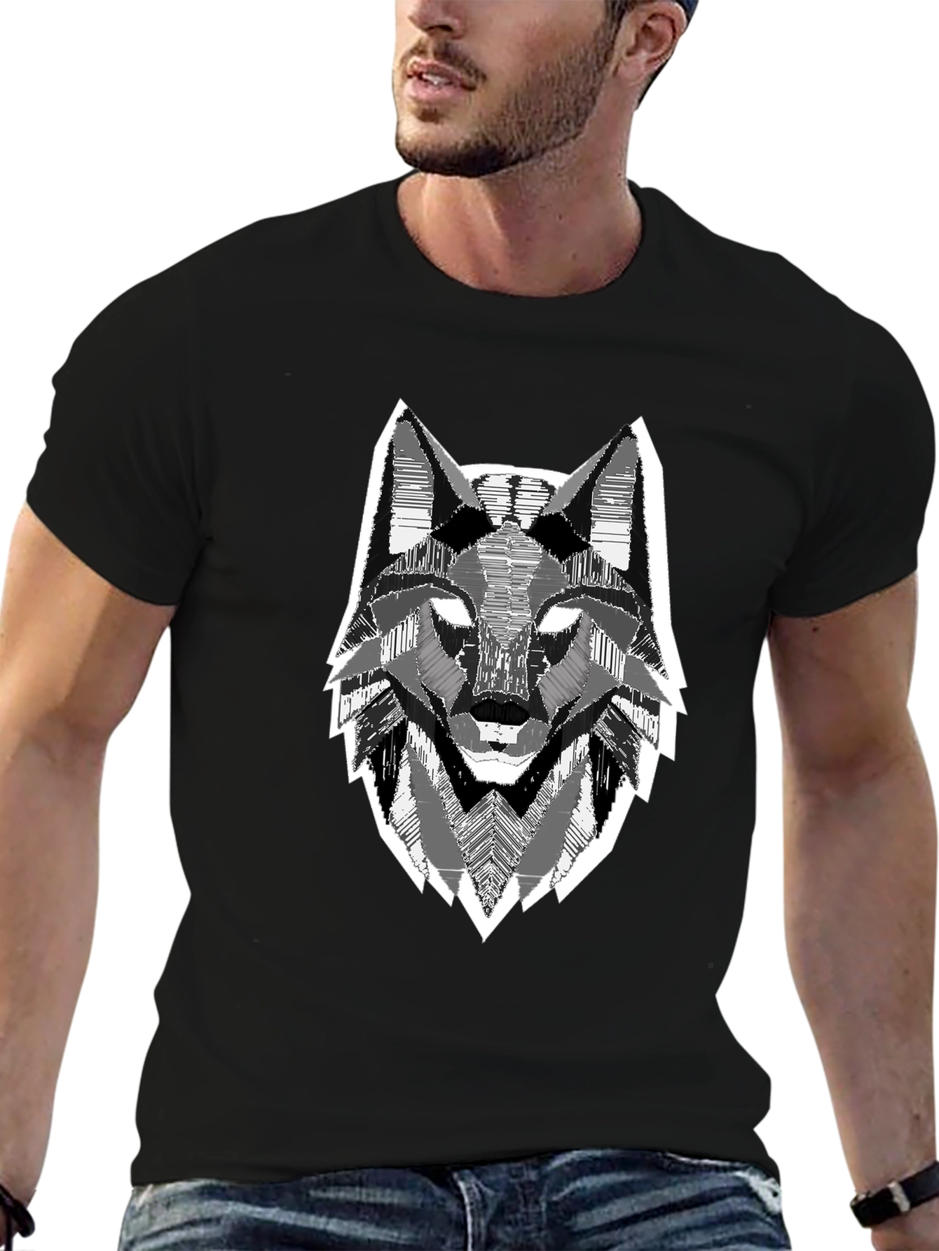 Geometric Wolf Head Graphic Print Black T-Shirt