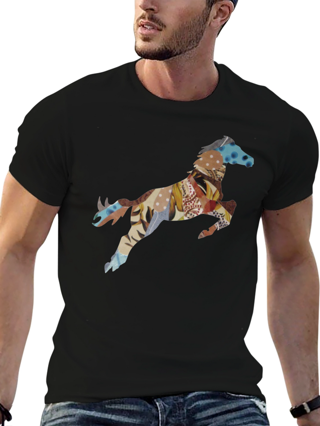 Black T-Shirt with Horse Print