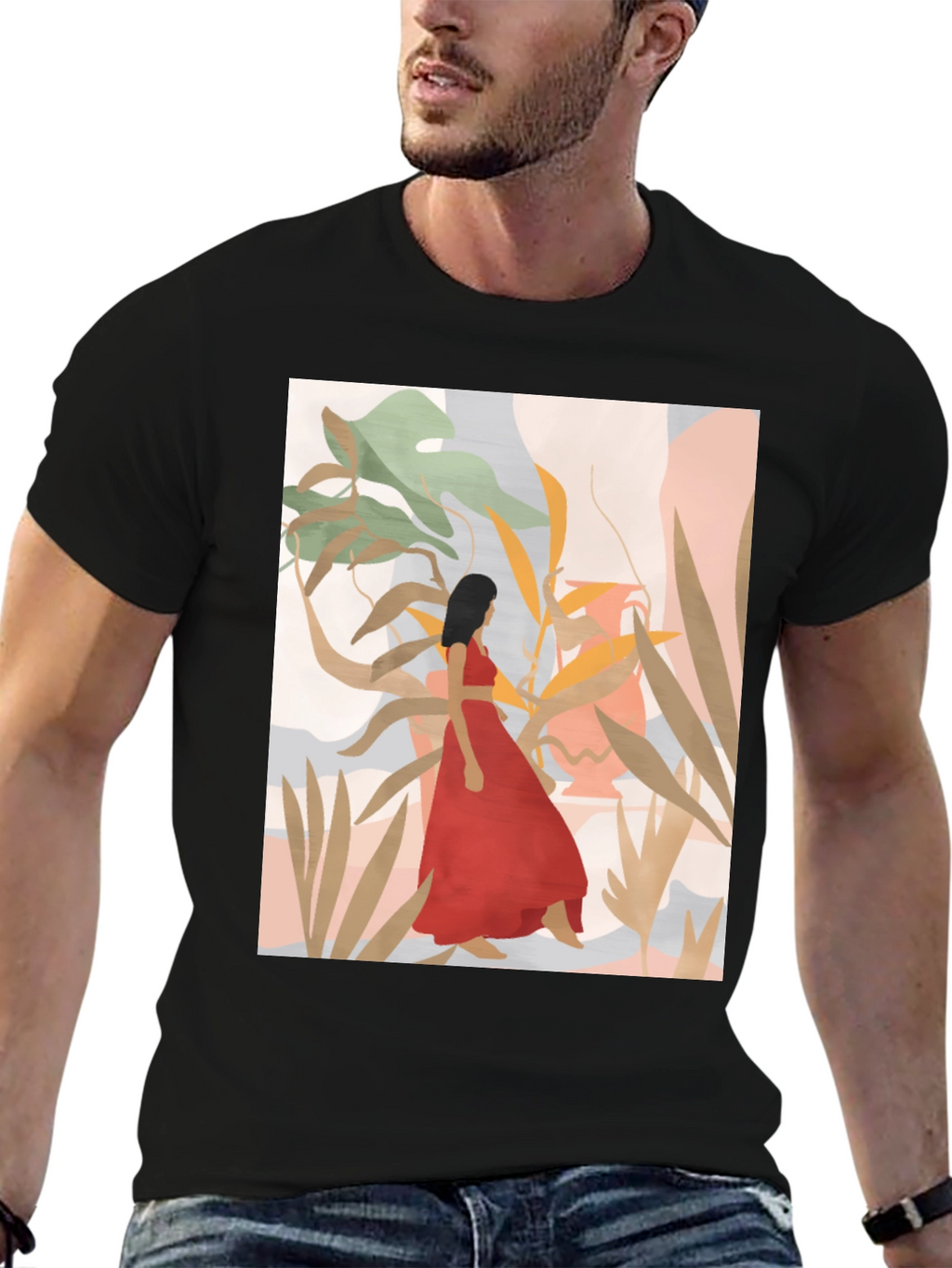 Botanical Woman Graphic Black T-Shirt