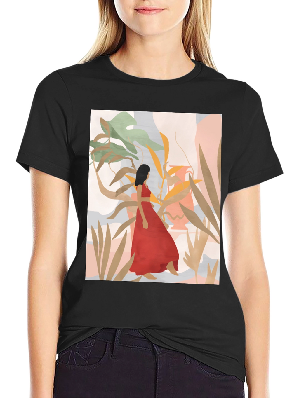 Botanical Woman Graphic Black T-Shirt