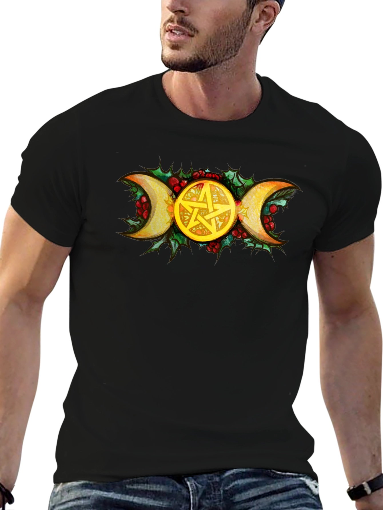 Triple Moon Goddess Pentacle Black T-Shirt