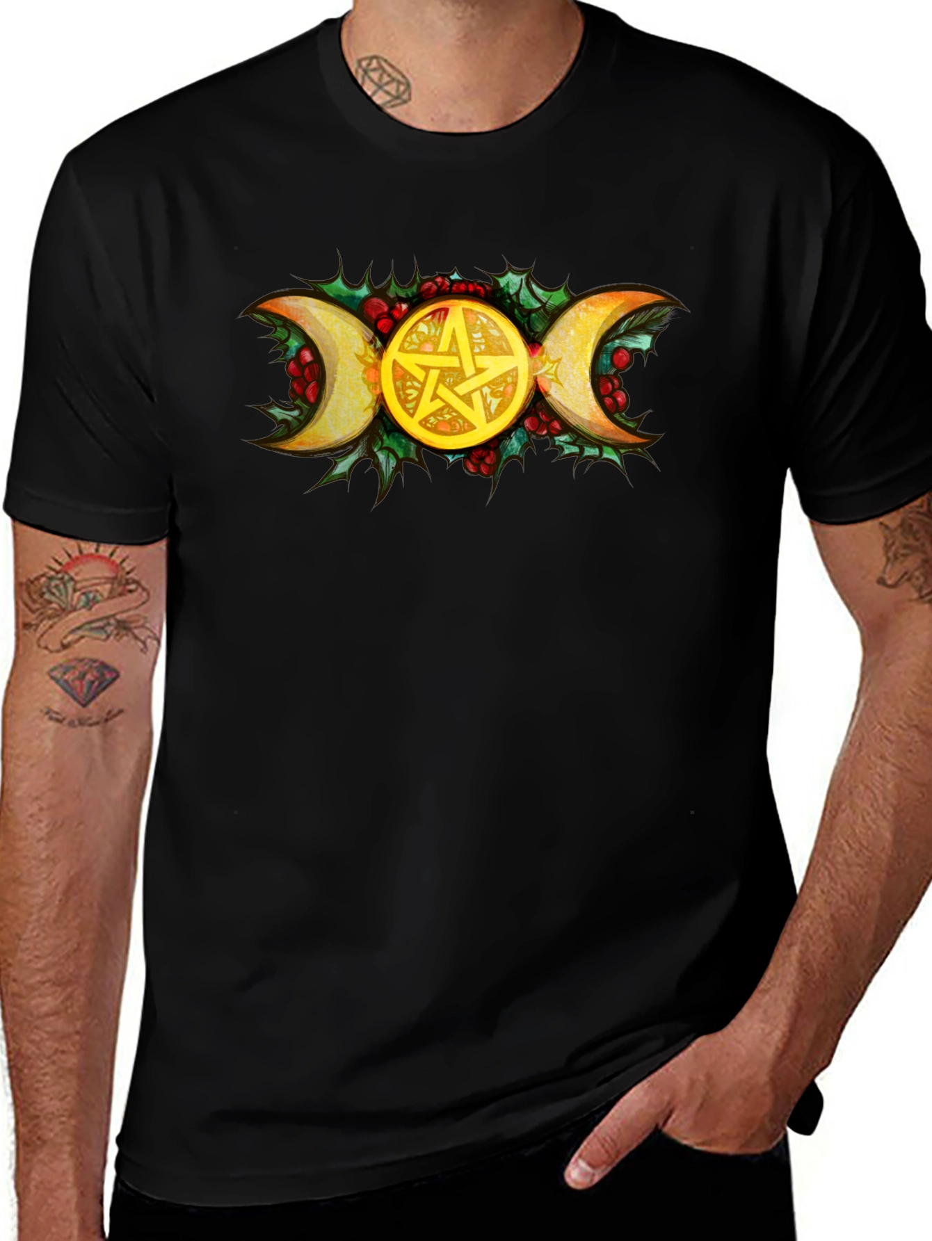 Triple Moon Goddess Pentacle Black T-Shirt