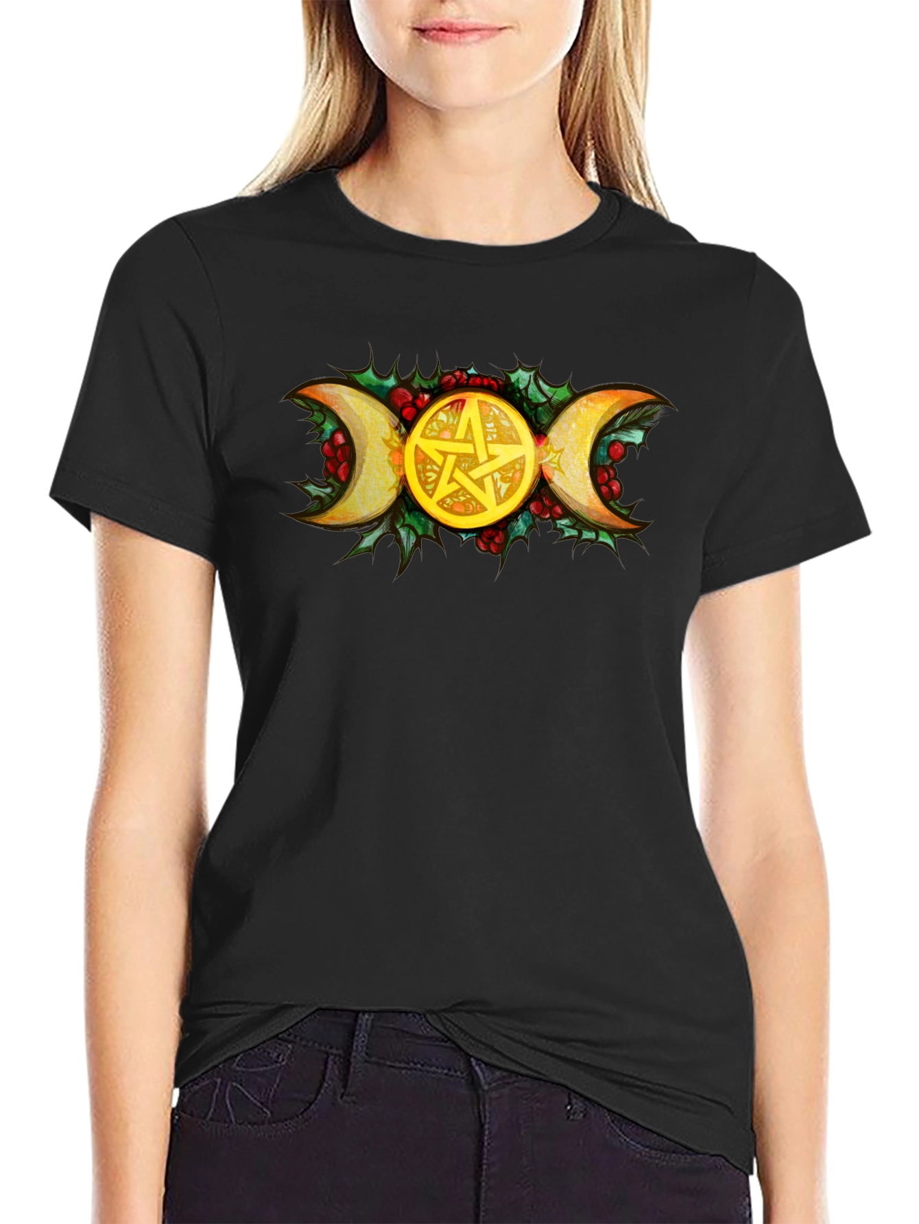 Triple Moon Goddess Pentacle Black T-Shirt